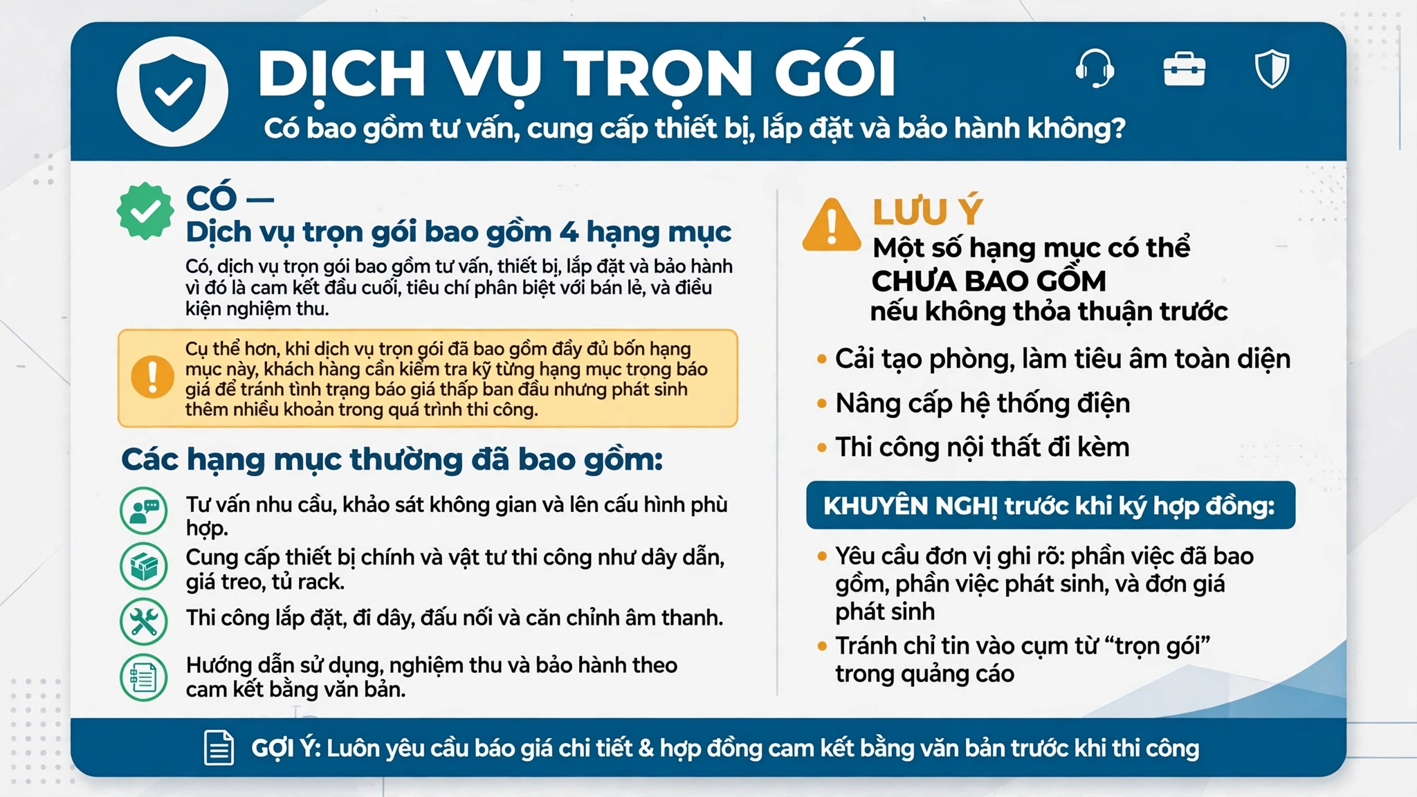 Dịch vụ trọn gói có bao gồm tư vấn, cung cấp thiết bị, lắp đặt và bảo hành không?