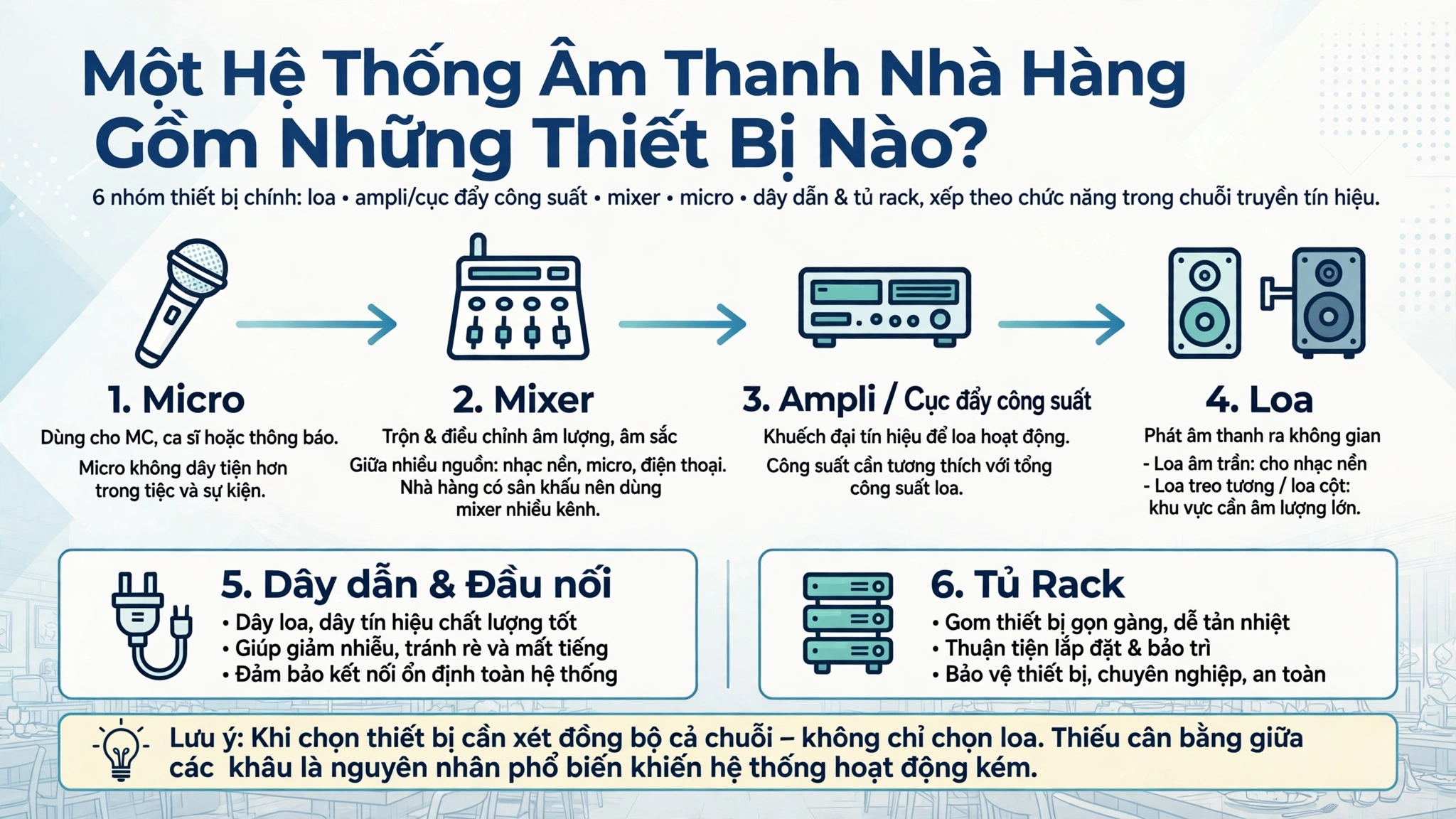 Lắp Đặt Hệ Thống Âm Thanh Nhà Hàng Tại Hà Nội – Theo Diện Tích Và Nhu Cầu 1 Một Hệ Thống Âm Thanh Nhà Hàng Gồm Những Thiết Bị Nào?